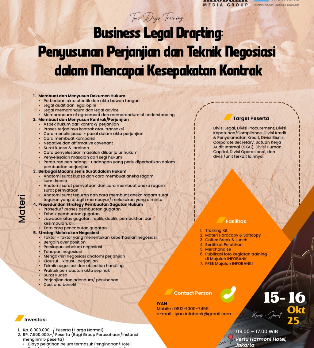 Business Legal Drafting Penyusunan Perjanjian dan Teknik Negosiasi dalam Mencapai Kesepakatan Kontrak