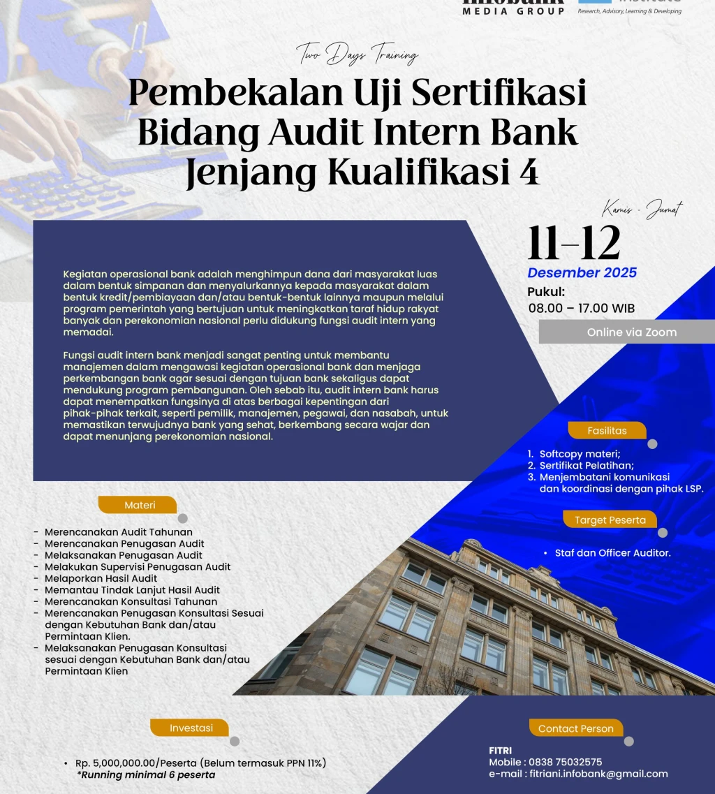 Pembekalan Uji Sertifikasi Biddang Audit Intern Bank Jenjang Kualifikasi 4