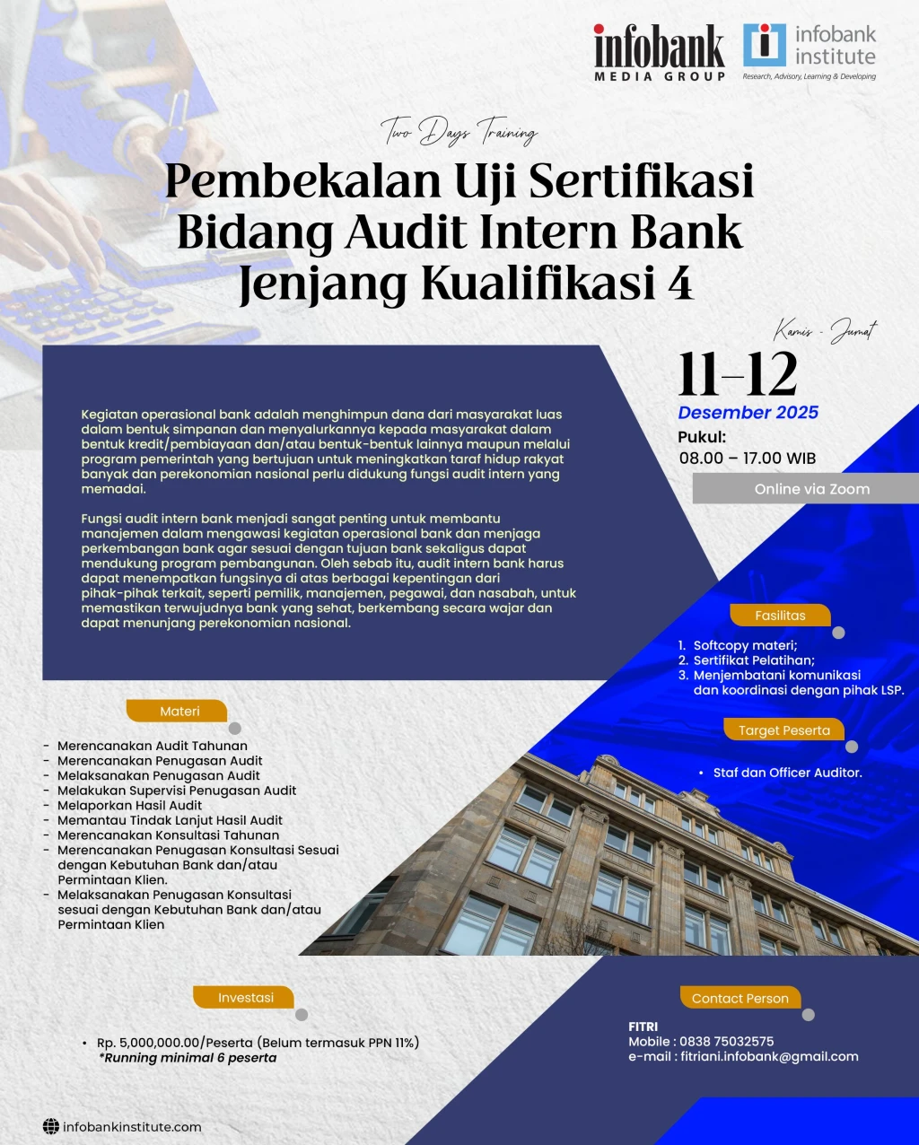 Pembekalan Uji Sertifikasi Biddang Audit Intern Bank Jenjang Kualifikasi 4