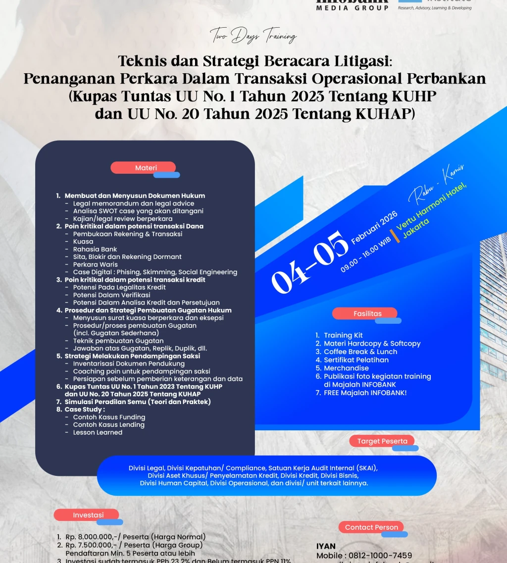 Teknis dan Strategi Beracara Litigasi Penanganan Perkara Dalam Transaksi Operasional Perbankan Kupas Tuntas UU No 01 Tahun 2023 Tentang KUHP dan UU No 20 Tahun 2025 Tentang KUHAP