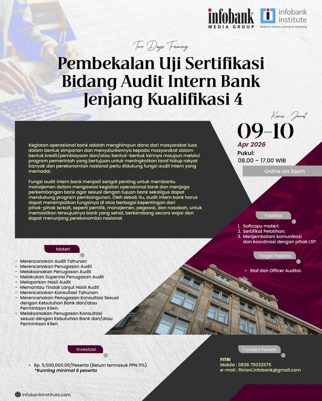 Pembekalan Uji Sertifikasi Bidang Audit Intern Bank Jenjang Kualifikasi 4